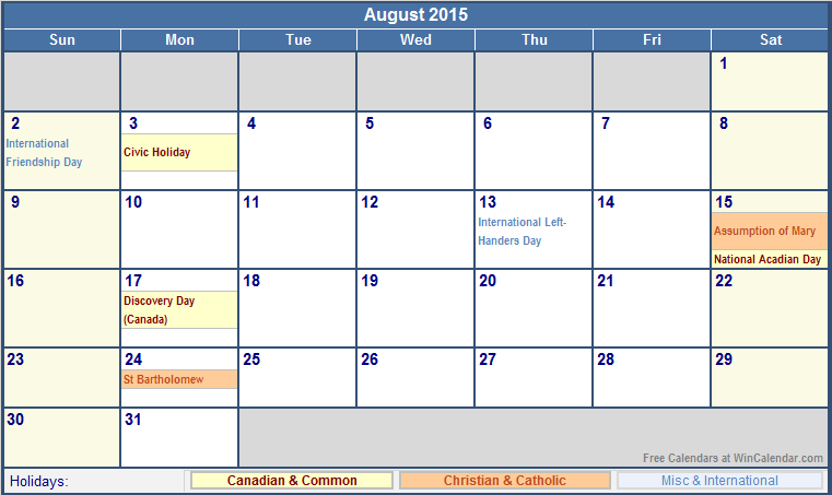 August 2015 Canada Calendar With Holidays For Printing image Format  - 2015 Calendar Canada Week Numbers