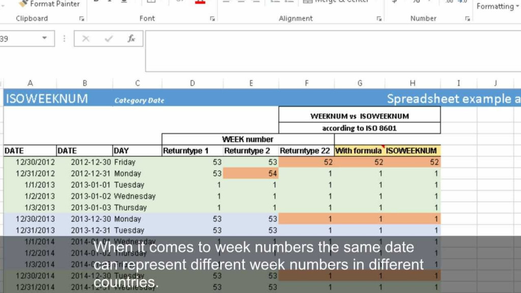 Calculating Week Numbers With WEEKNUM And ISOWEEKNUM Excel 2013 YouTube - 2013 Calendar With Week Numbers Excel