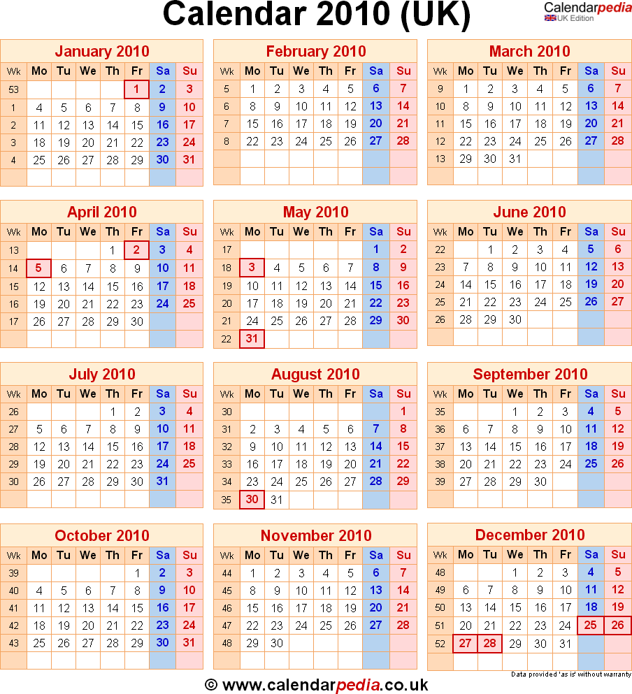 Calendar 2010 UK With Bank Holidays And Week Numbers - Week Numbers 2010 Calendar