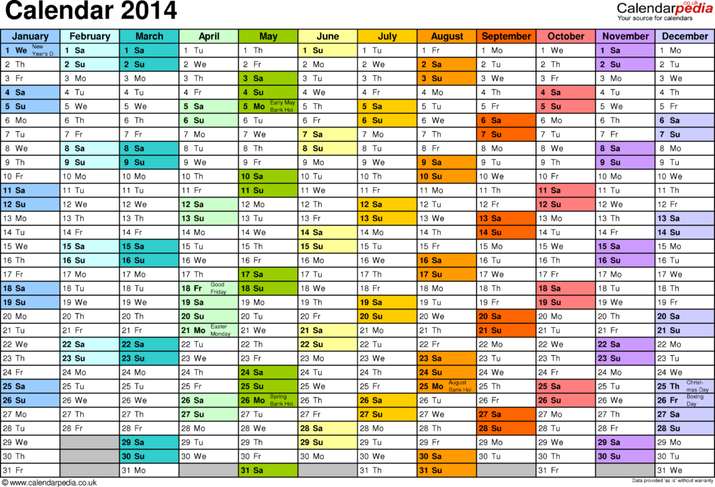 Calendar 2014 PDF UK 15 Printable Templates free  - 2014 Yearly Calendar With Week Numbers