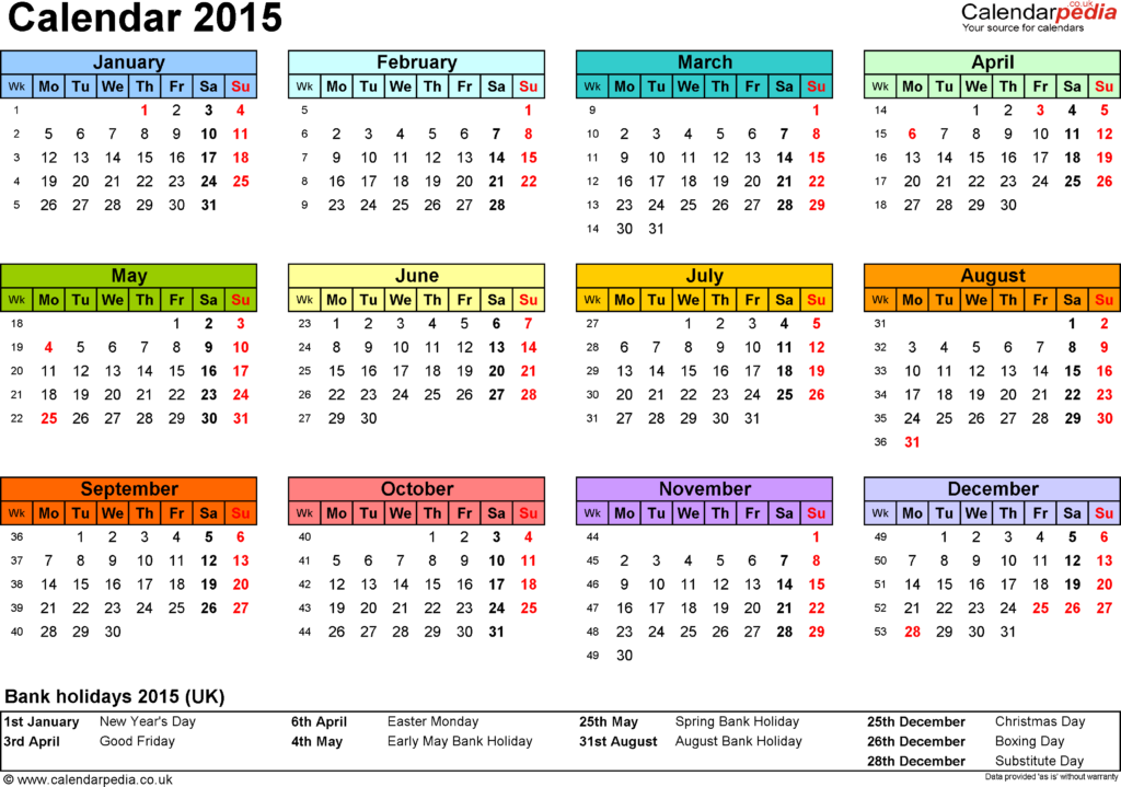 Calendar 2015 UK 16 Free Printable Word Templates - Annual Calendar With Week Numbers 2015