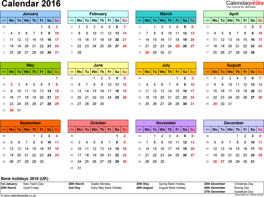 Calendar 2016 UK 16 Free Printable PDF Templates - Year Calendar With Week Numbers 2016