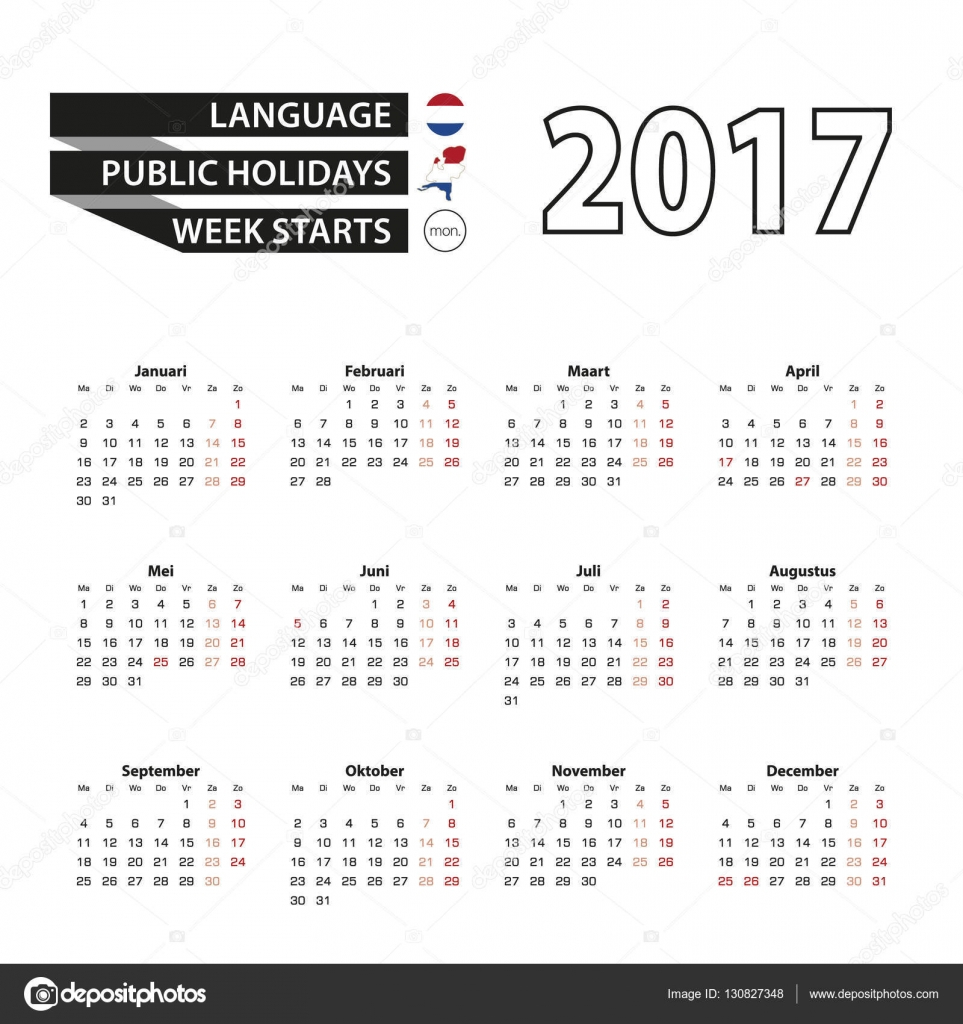 Calendar 2017 On Dutch Language With Public Holidays For Netherlands  - Calendar 2017 Netherlands With Week Numbers