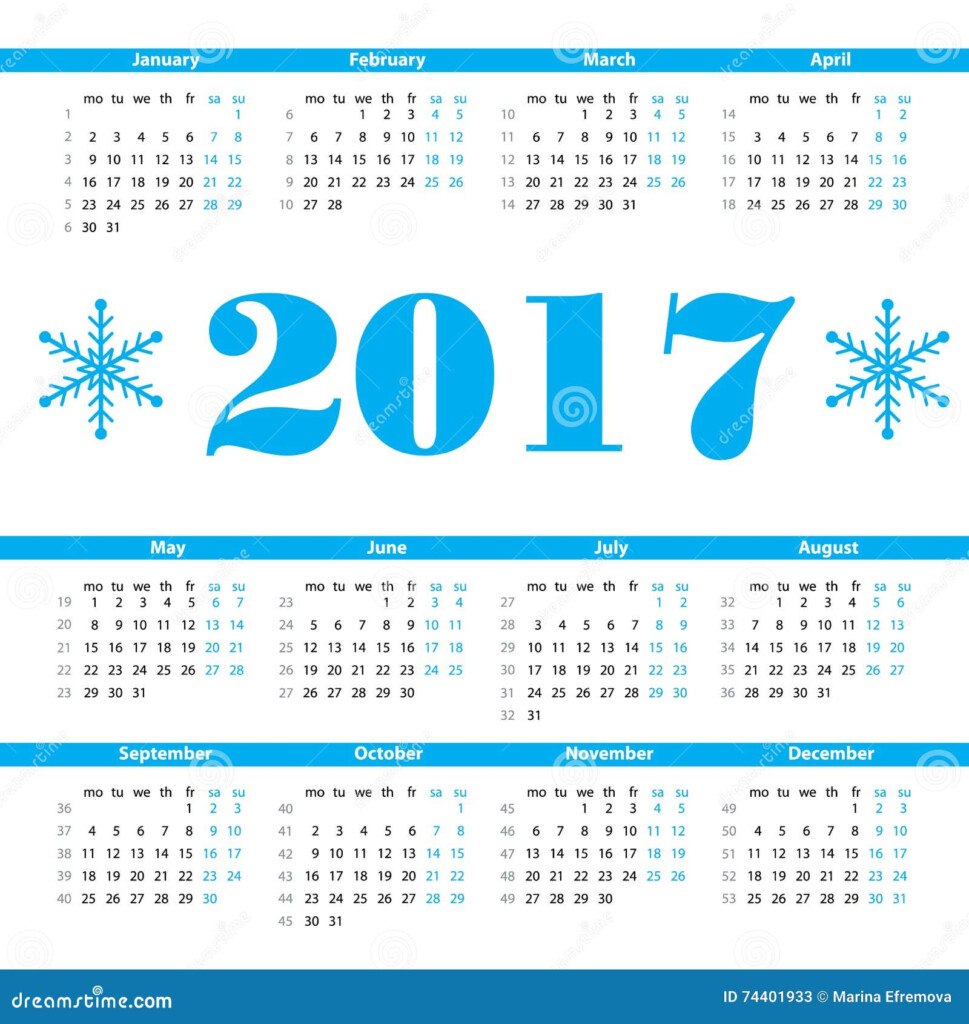 Calendar 2017 Year Vector Design Template With Week Numbers Stock  - 2017 Calendar Showing Week Numbers