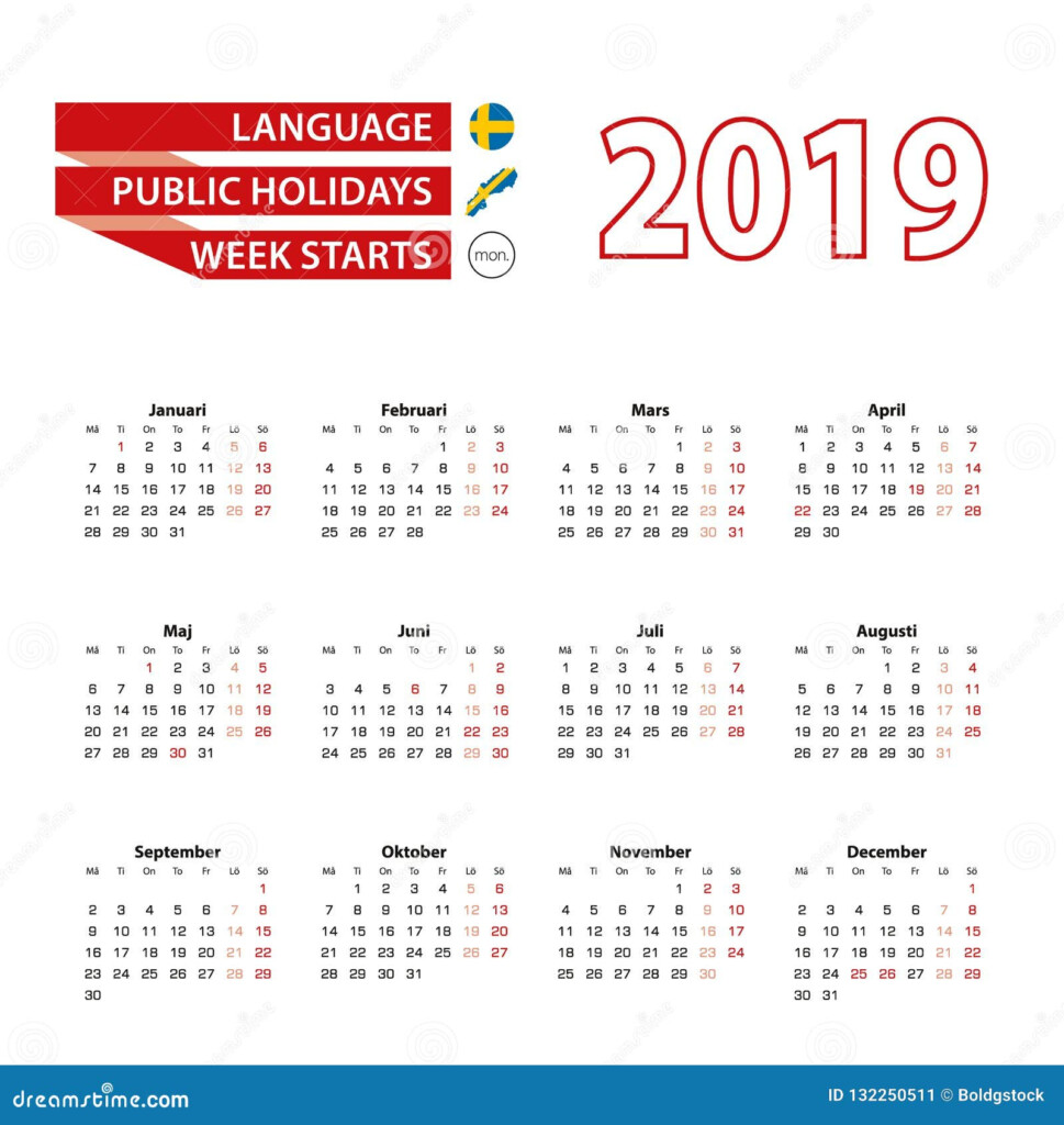 Calendar 2019 In Swedish Language With Public Holidays The Coun Stock  - Swedish Calendar 2019 With Week Numbers