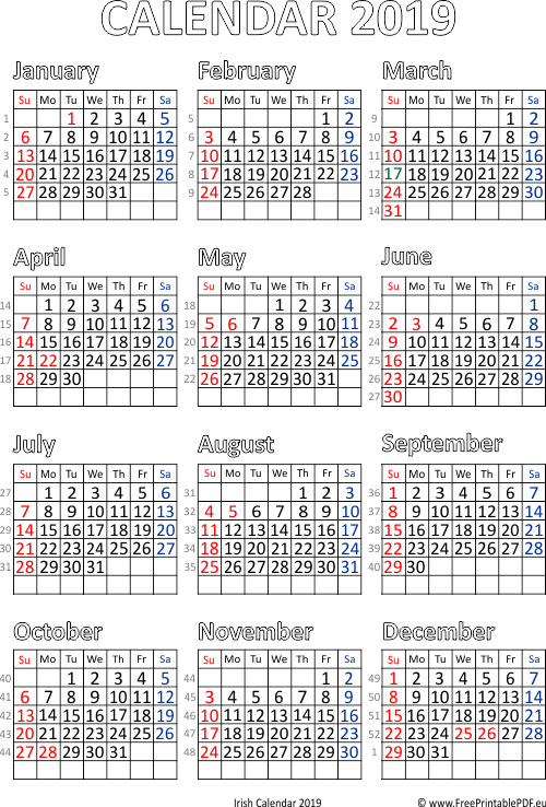 Calendar 2019 Ireland Printable Pdf Free Printable PDF - 2019 Calendar Ireland With Week Numbers