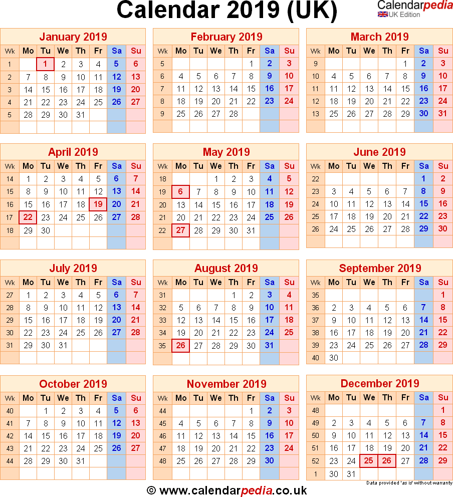 Calendar 2019 UK With Bank Holidays Excel PDF Word Templates - 2019 Calendar Week Numbers Uk