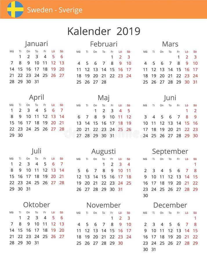 Calendar 2019 Year For Sweden Country Stock Illustration Illustration  - Swedish Calendar 2019 With Week Numbers