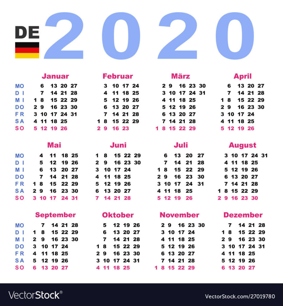 Calendar 2020 In German Horizontal Week Starts Vector Image - German Calendar Week Numbers