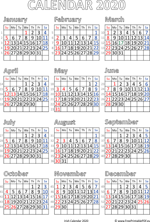 Calendar 2020 Ireland Printable Pdf Free Printable PDF - Calendar 2020 Ireland With Week Numbers