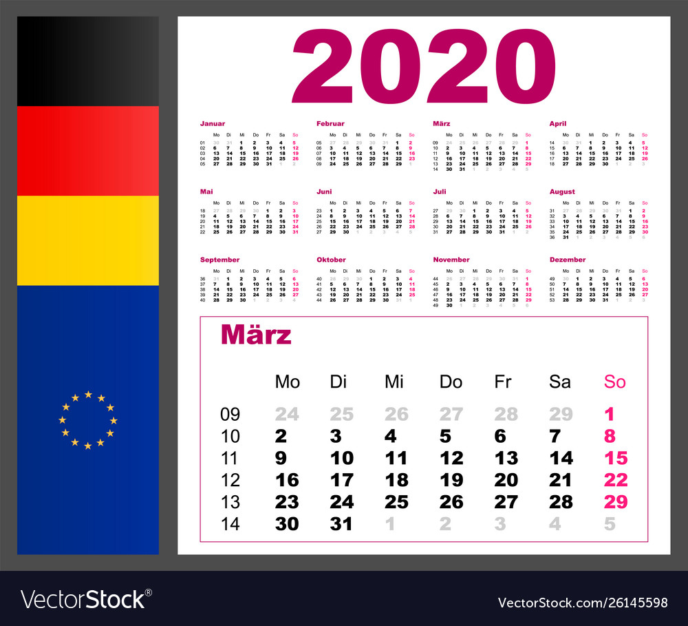 Calendar 2020 Year German Language Week Numbering Vector Image - German Calendar Week Numbers