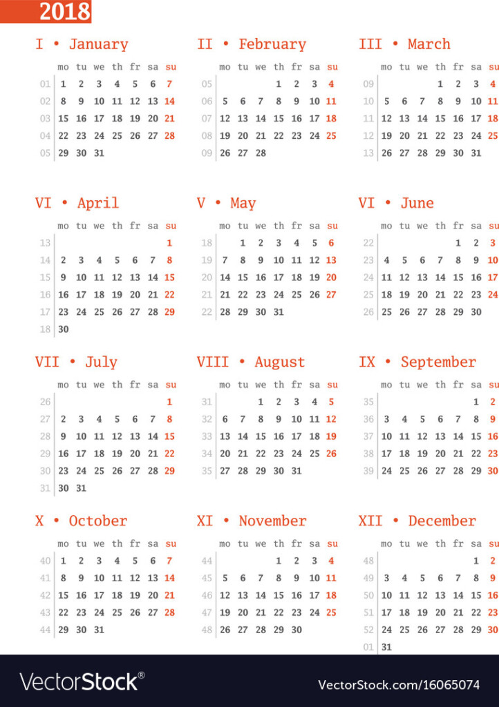 Calendar For 2018 Year With Week Numbers On White Vector Image - 2018 Calendar Week Numbers