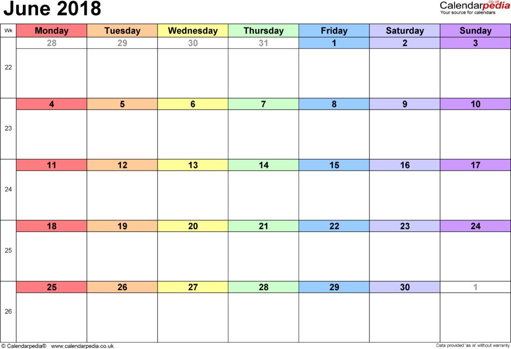 Calendar June 2018 UK With Excel Word And PDF Templates - 2018 Calendar Uk With Week Numbers