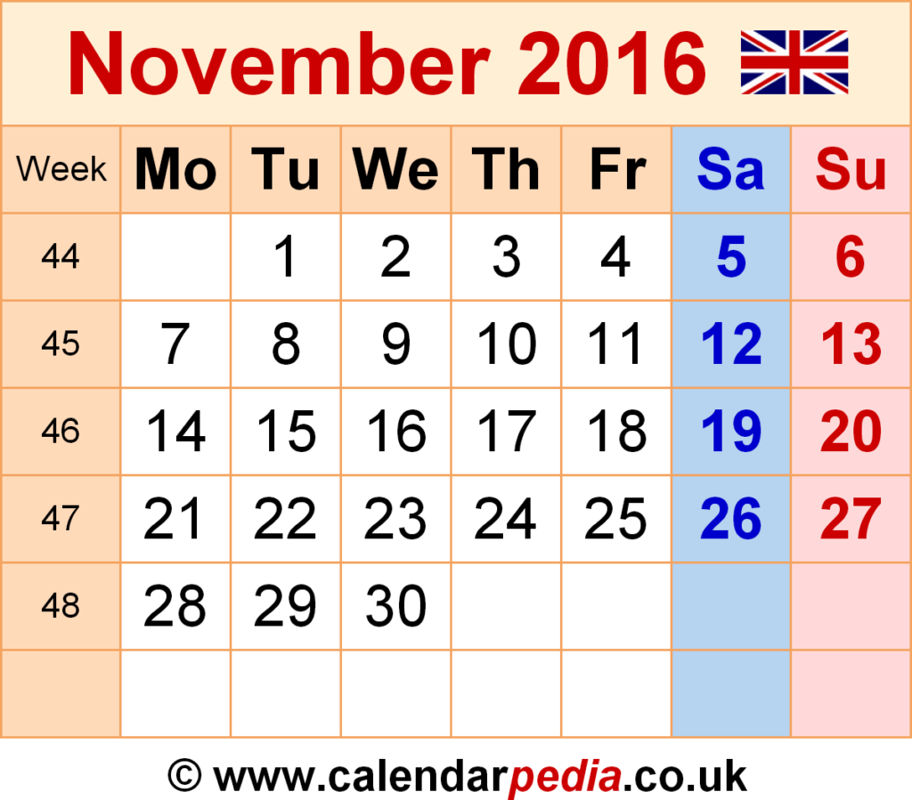 Calendar November 2016 UK With Excel Word And PDF Templates - 2016 Calendar Showing Week Numbers