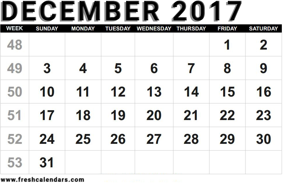 Dec 2017 Calendar - 2017 December Calendar With Week Numbers Printable