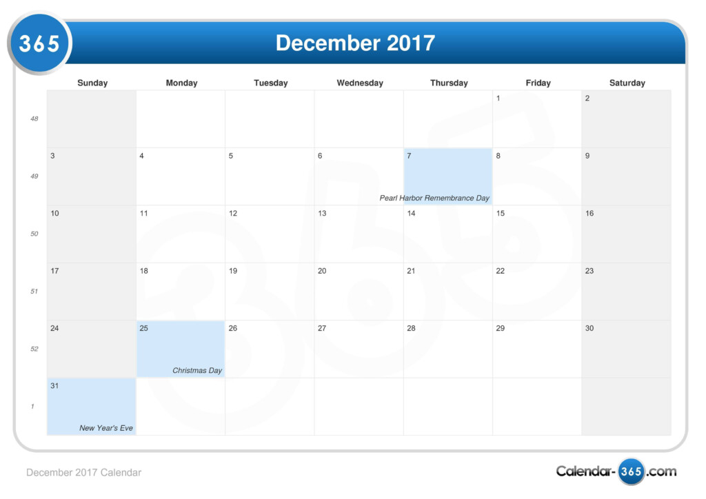 December 2017 Calendar - 2017 December Calendar With Week Numbers Printable