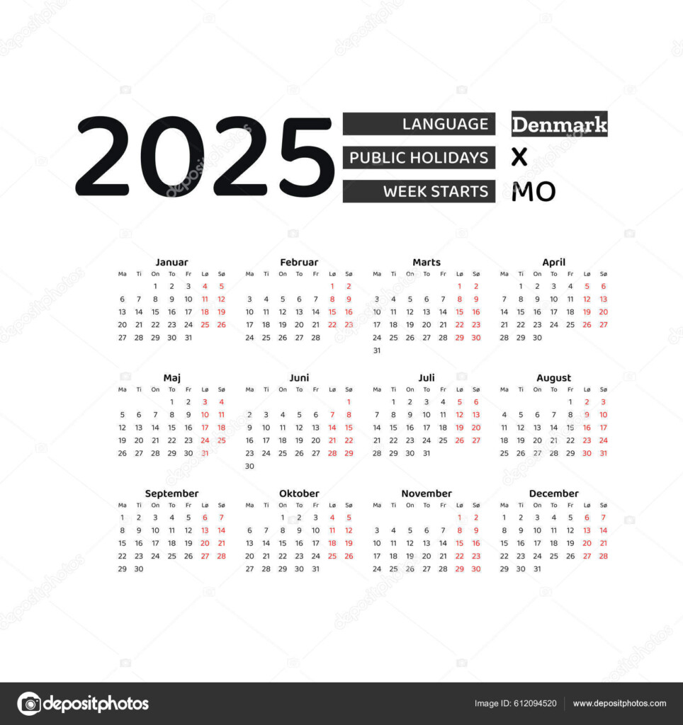 Denmark Calendar 2025 Week Starts Monday Vector Graphic Design Danish  - Danish Calendar 2025 With Week Numbers