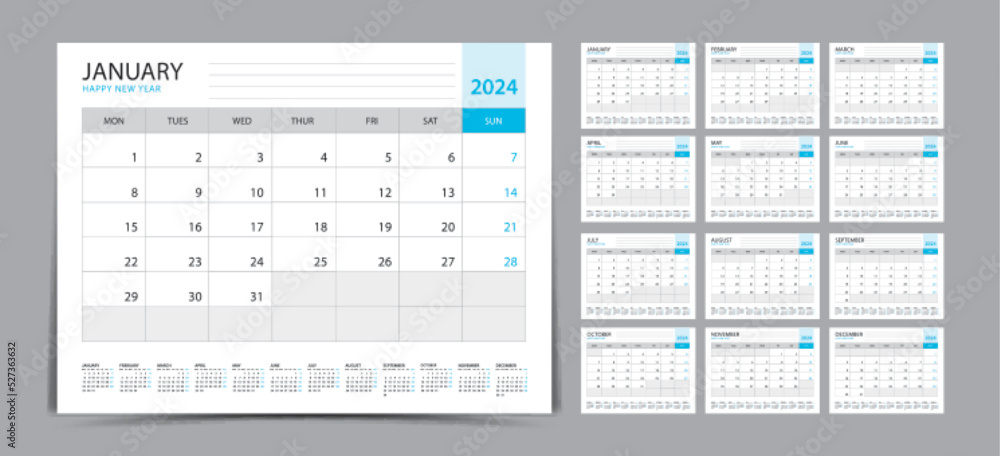 Desk Calendar 2024 Set Monthly Calendar Template For 2024 Year Week  - Desk Calendar 2024 With Week Numbers