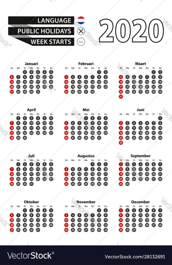 Dutch Calendar 2020 With Numbers In Circles Week Vector Image - Dutch Calendar With Week Numbers