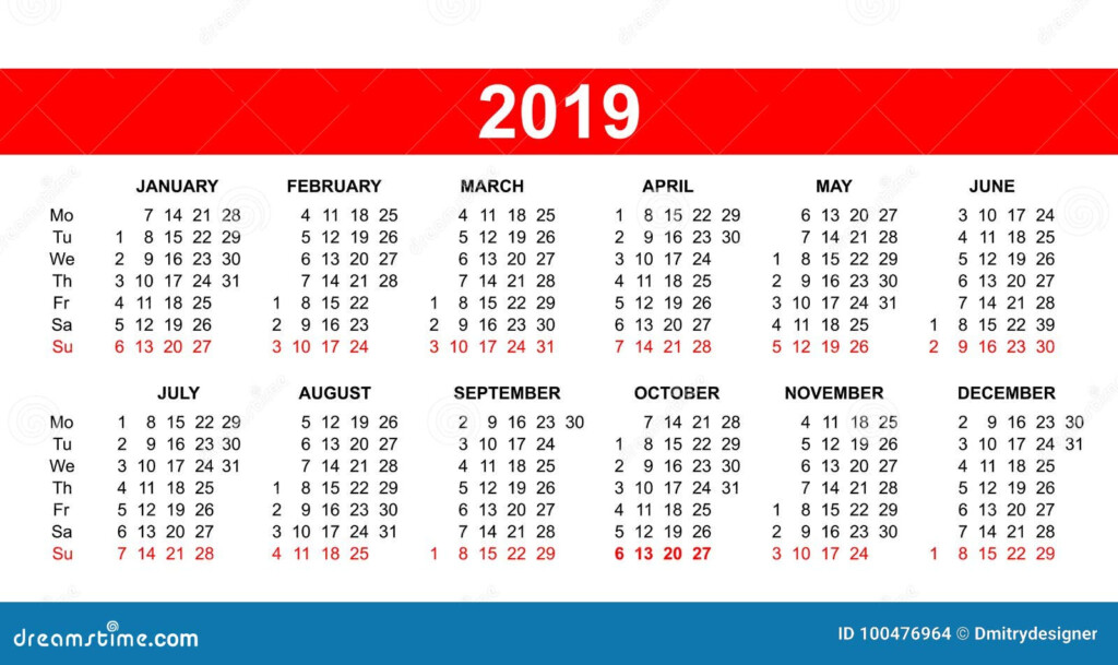 European Calendar Grid 2019 In Vector Stock Vector Illustration Of  - European Calendar 2019 With Week Numbers