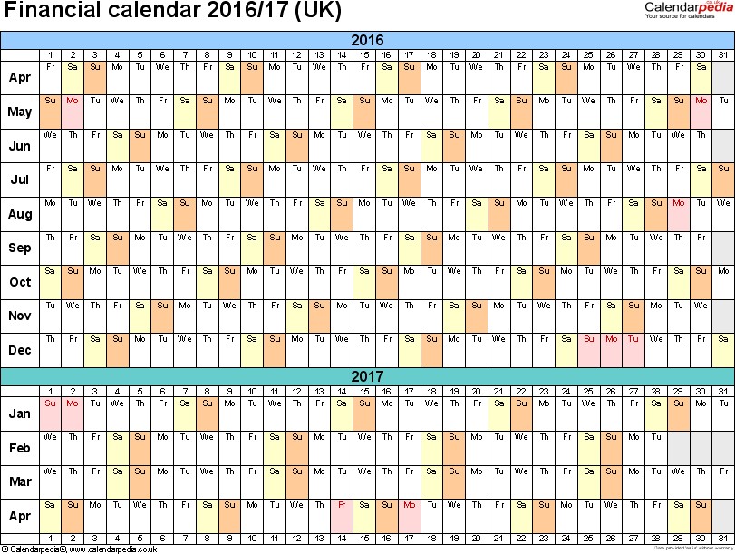 Financial Calendars 2016 17 UK In Microsoft Excel Format - Financial Calendar 2016 Week Numbers