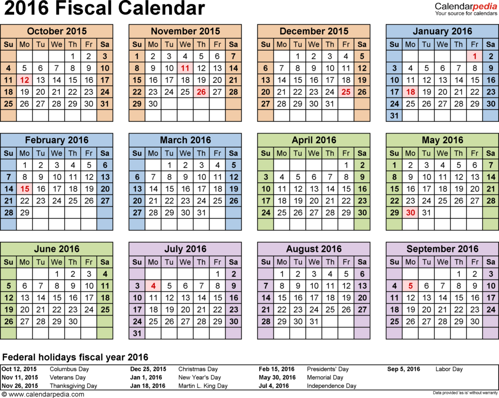 Fiscal Calendars 2016 Free Printable PDF Templates - Fiscal Year 2016 Calendar With Week Numbers