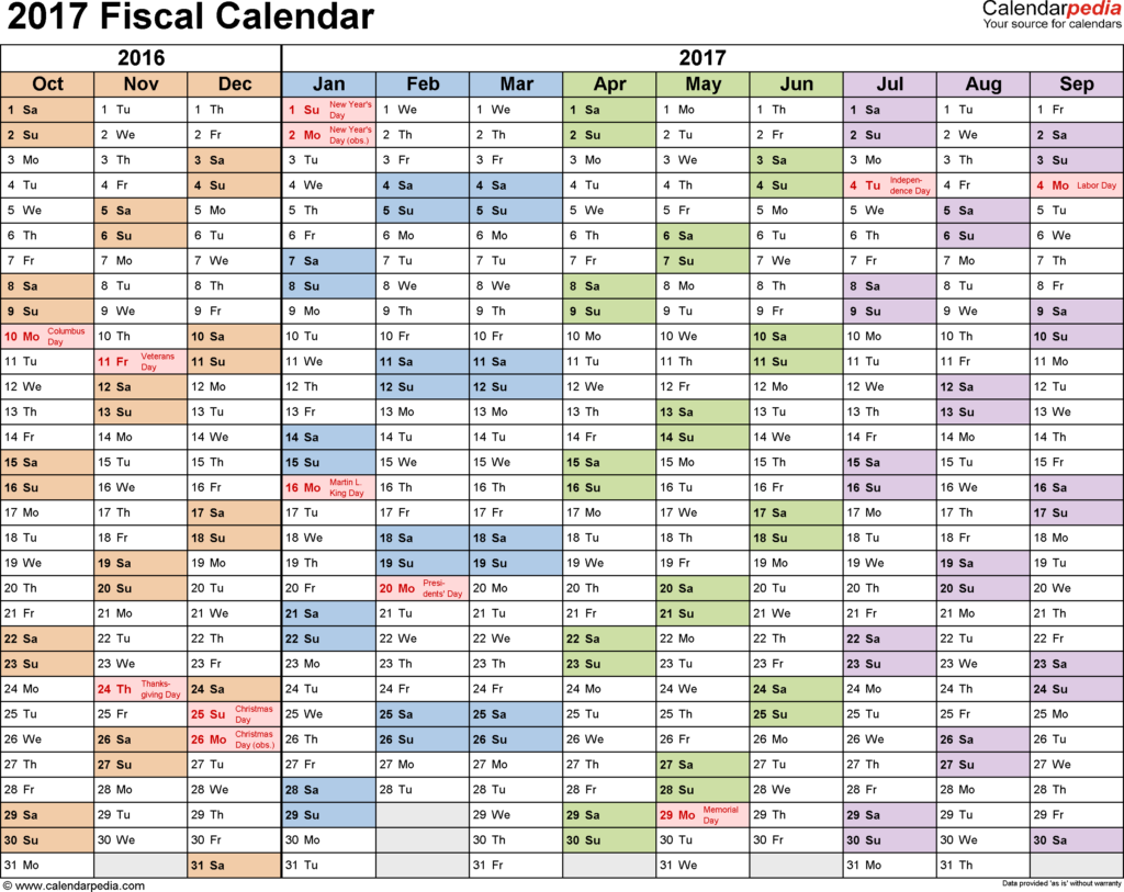 Fiscal Calendars 2017 Free Printable PDF Templates - 2017 Fiscal Calendar With Week Numbers