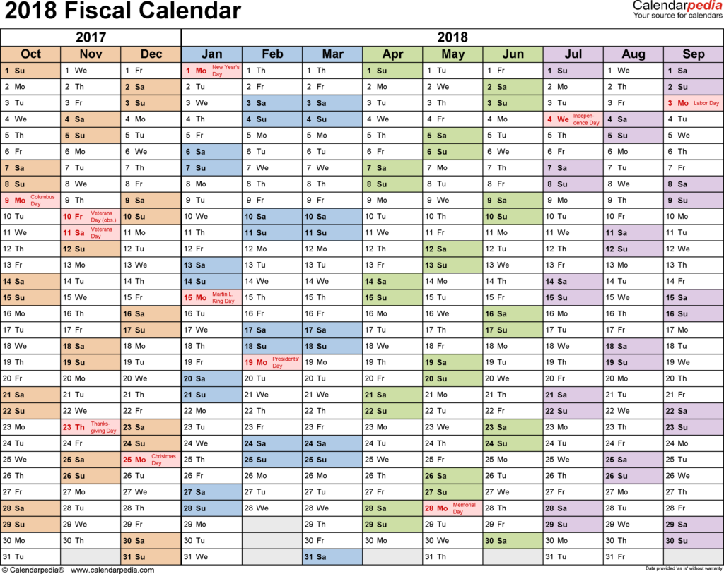 Fiscal Calendars 2018 Free Printable PDF Templates - Fiscal Calendar Week Numbers 2018