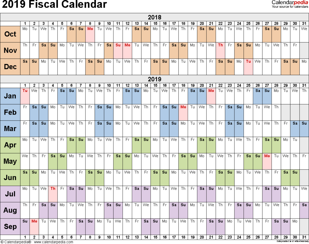 Fiscal Calendars 2019 Free Printable PDF Templates - 2019 Fiscal Year Calendar With Week Numbers