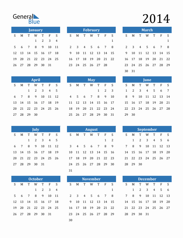 Free 2014 Calendars In PDF Word Excel - 2014 Yearly Calendar With Week Numbers