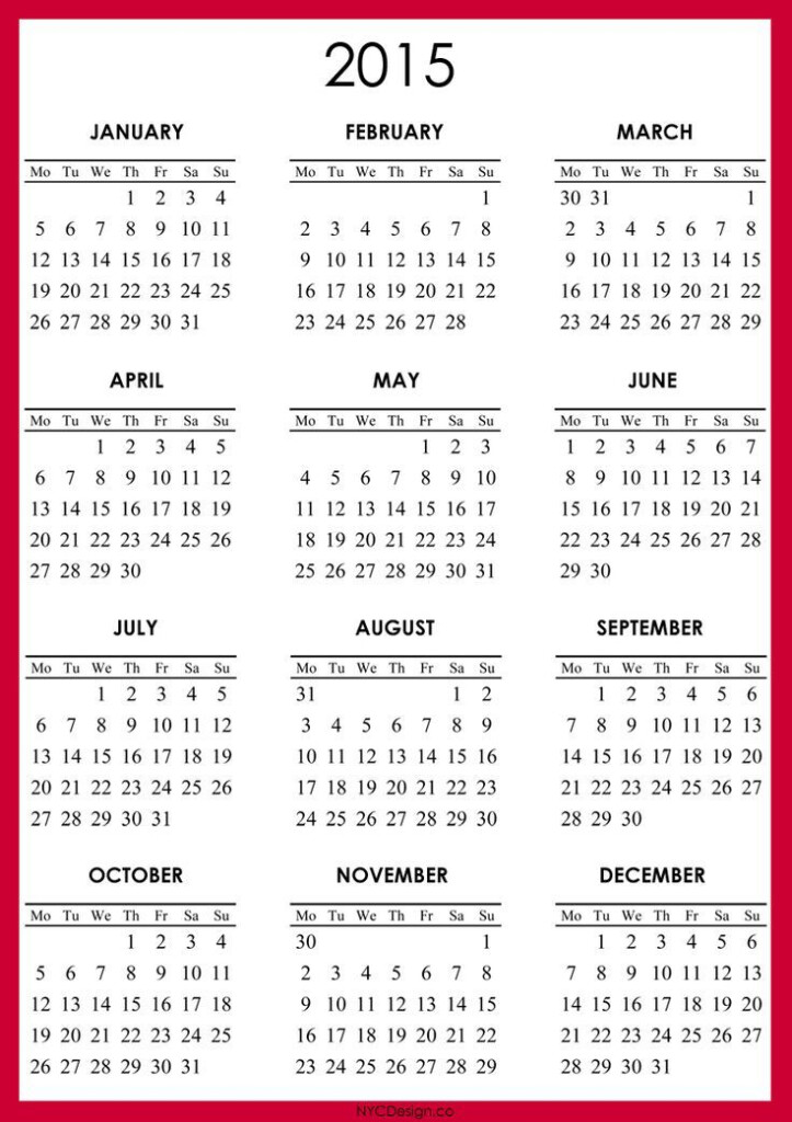 Free 2015 Printable Calendar 2015 Calendar Printable Red  - Printable Yearly Calendar With Week Numbers 2015