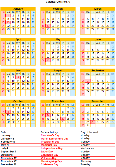 Free 2018 Excel Calendar With US Holidays Free Printable PDF - Download Excel Calendar 2018 With Week Numbers