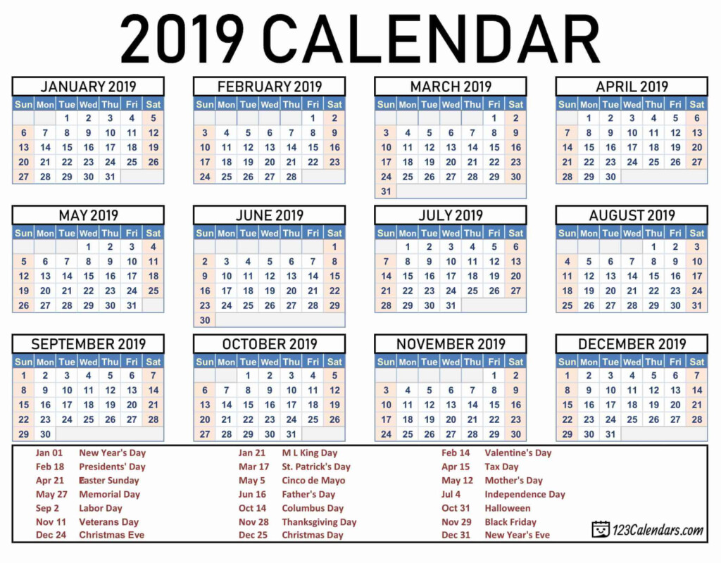 Free Printable 2019 Calendar 123Calendars - 2019 Calendar With Week And Day Numbers