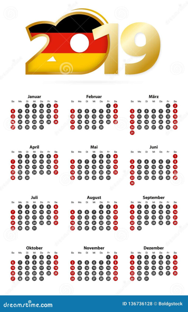 German Calendar 2019 With Numbers In Circles Week Starts On Sunday  - German Calendar 2019 With Week Numbers