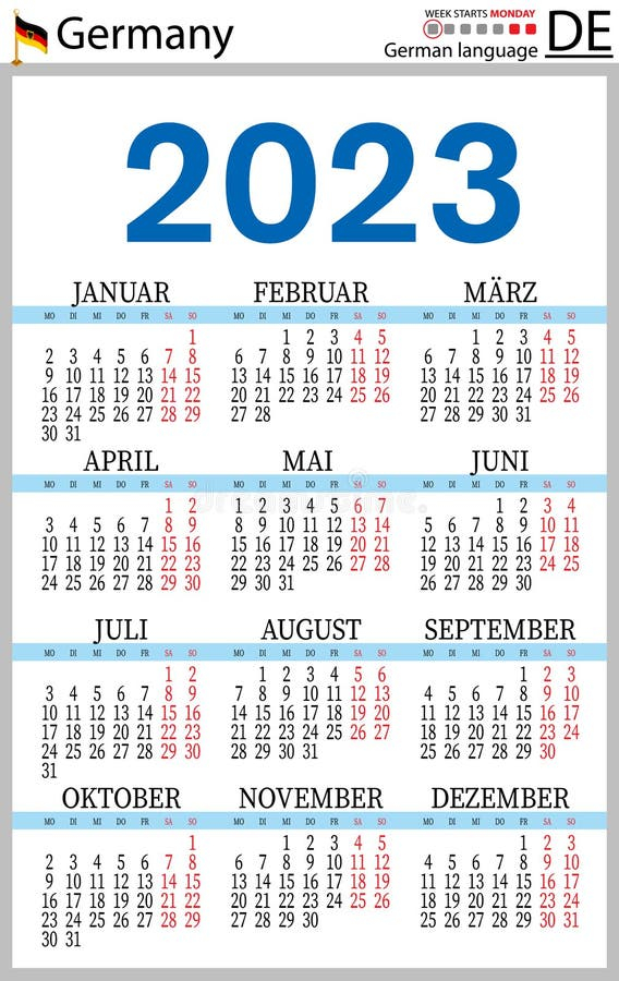 German Vertical Pocket Calendar For 2023 Week Starts Monday Stock  - German Calendar With Week Numbers