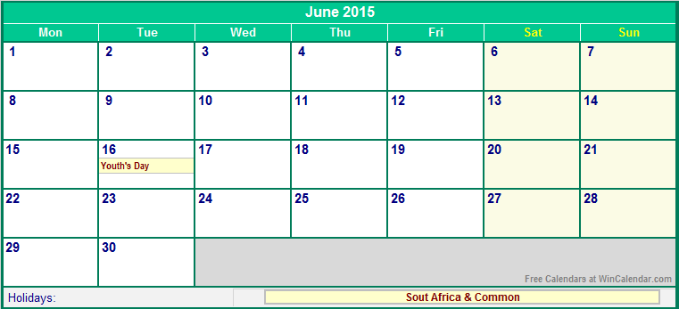 June 2015 South Africa Calendar With Holidays For Printing image Format  - 2015 South African Calendar With Week Numbers