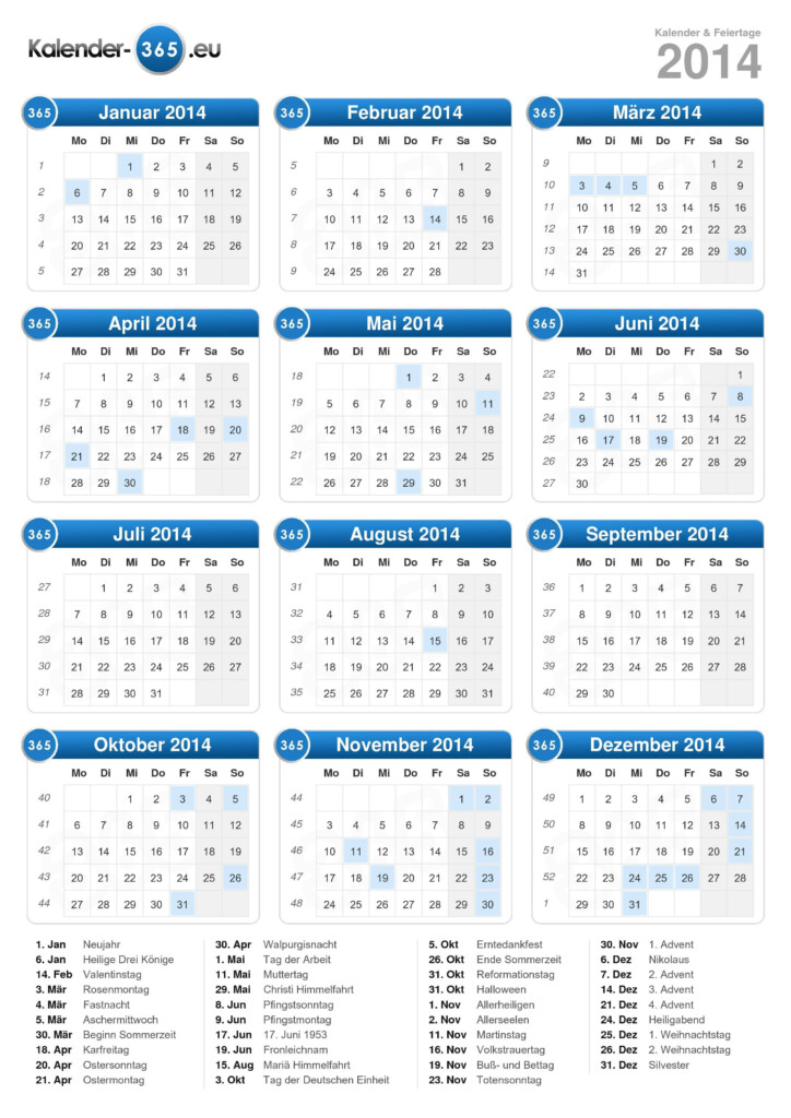 Kalender 2014 - Calendar 2014 Per Week Numbers