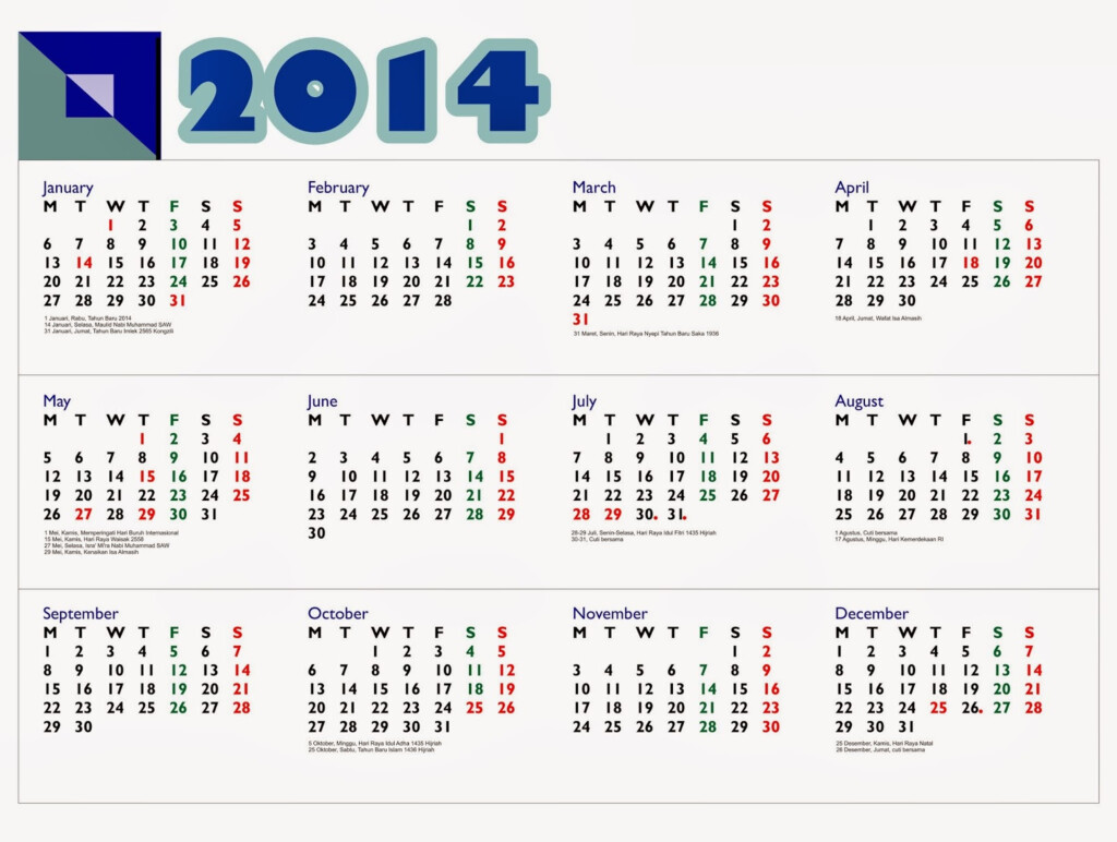 Kalender 2014 Lengkap Dengan Hari Libur Nasional Dan Cuti Bersama - Calendar 2014 Per Week Numbers