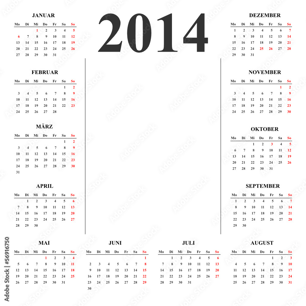 Kalender 2014 Stock Vektorgrafik Adobe Stock - Calendar 2014 Per Week Numbers