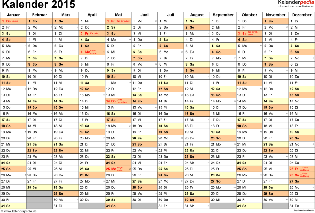 Kalender 2015 In Excel Zum Ausdrucken 16 Vorlagen - 2015 Calendar Excel With Week Numbers