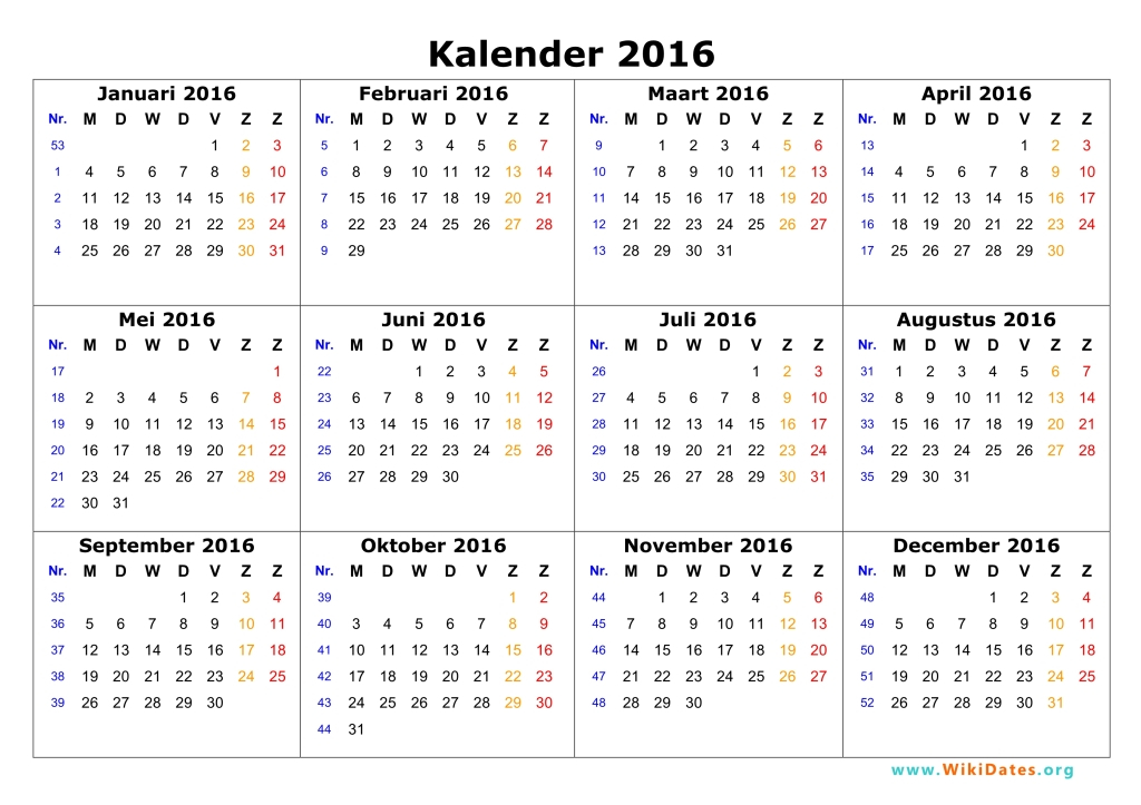 Kalender 2016 WikiDates - German Calendar 2016 With Week Numbers