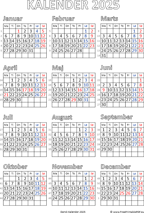 Kalender 2025 Med Danske Helligdage Gratis Printable PDF - Danish Calendar 2025 With Week Numbers