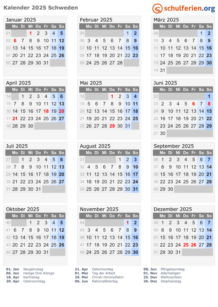 Kalender Schweden 2025 Mit Feiertage - Swedish Calendar 2025 With Week Numbers