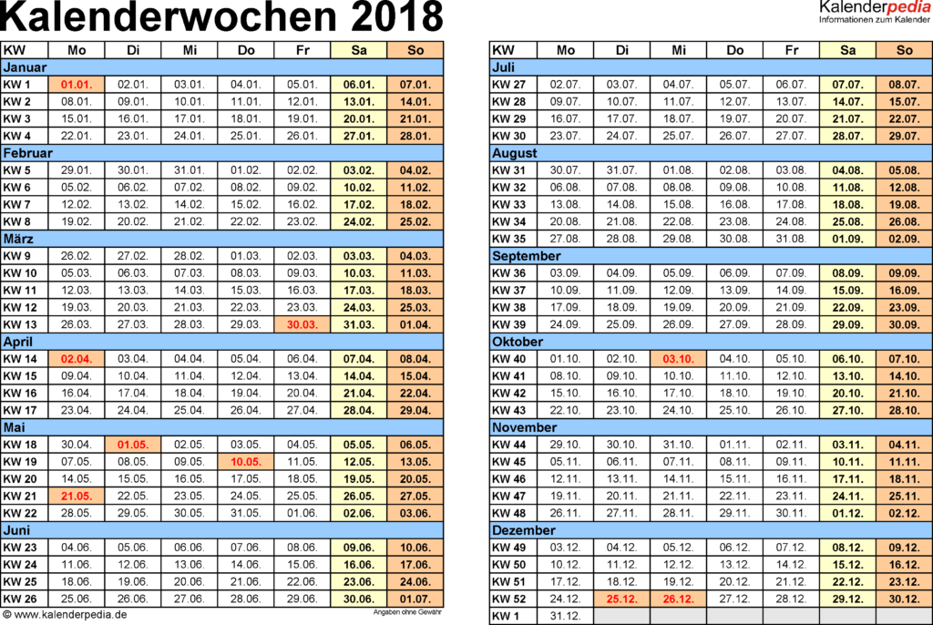 Kalenderwochen 2018 Mit Vorlagen F r Excel Word Und PDF - 2018 Weekly Calendar Excel With Week Numbers