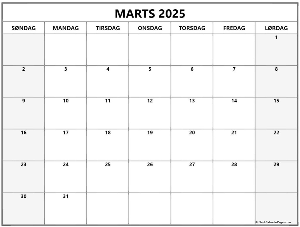 Marts 2025 Kalender Dansk Kalender Marts - Danish Calendar 2025 With Week Numbers