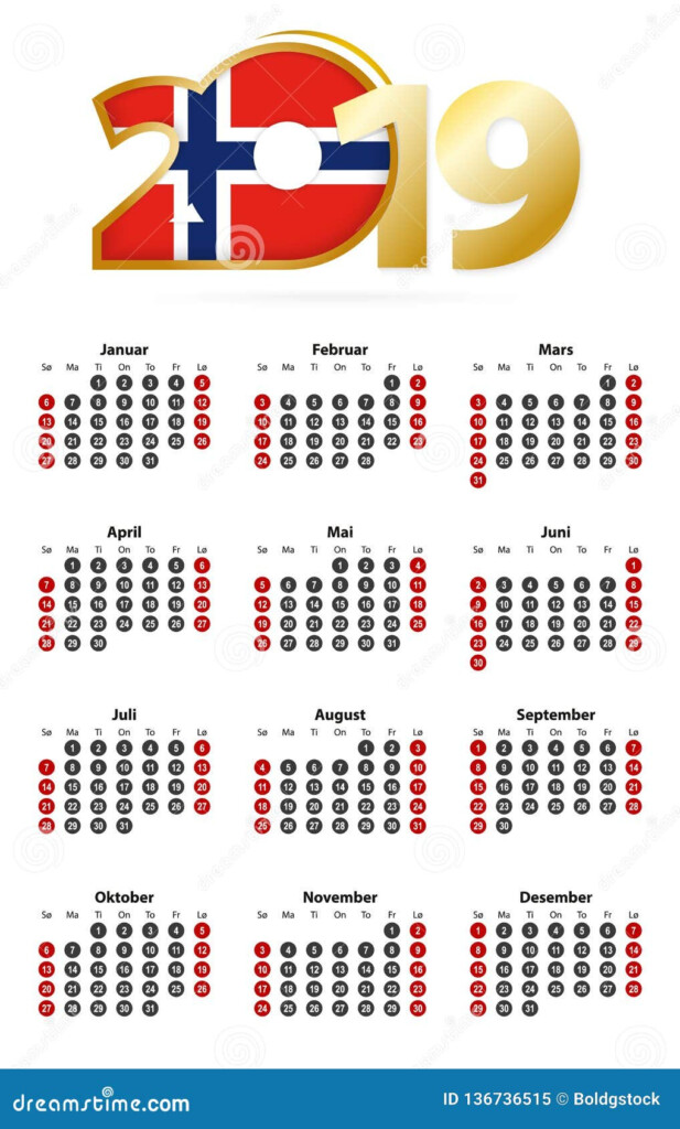 Norwegian Calendar 2019 With Numbers In Circles Week Starts On Sunday  - Calendar With Week Numbers 2019 Norway