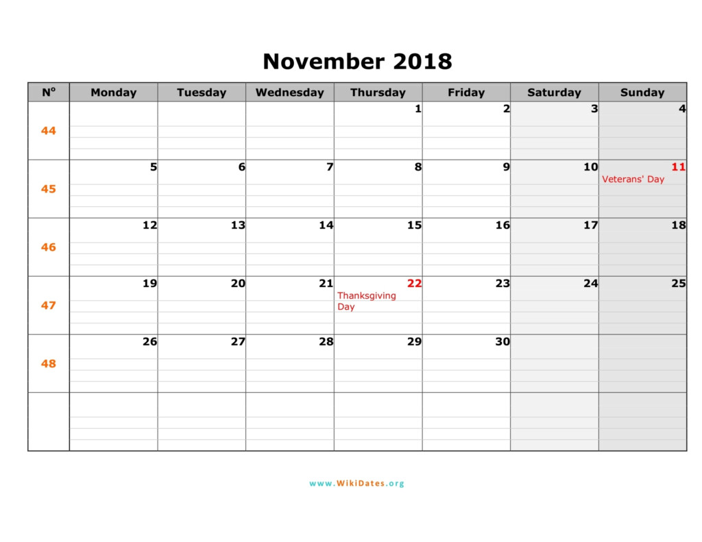 November 2018 Calendar WikiDates - November 2018 Calendar With Week Numbers