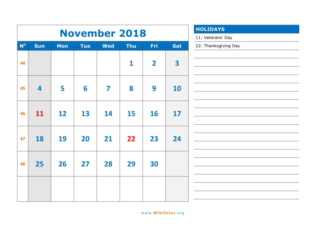 November 2018 Calendar WikiDates - November 2018 Calendar With Week Numbers