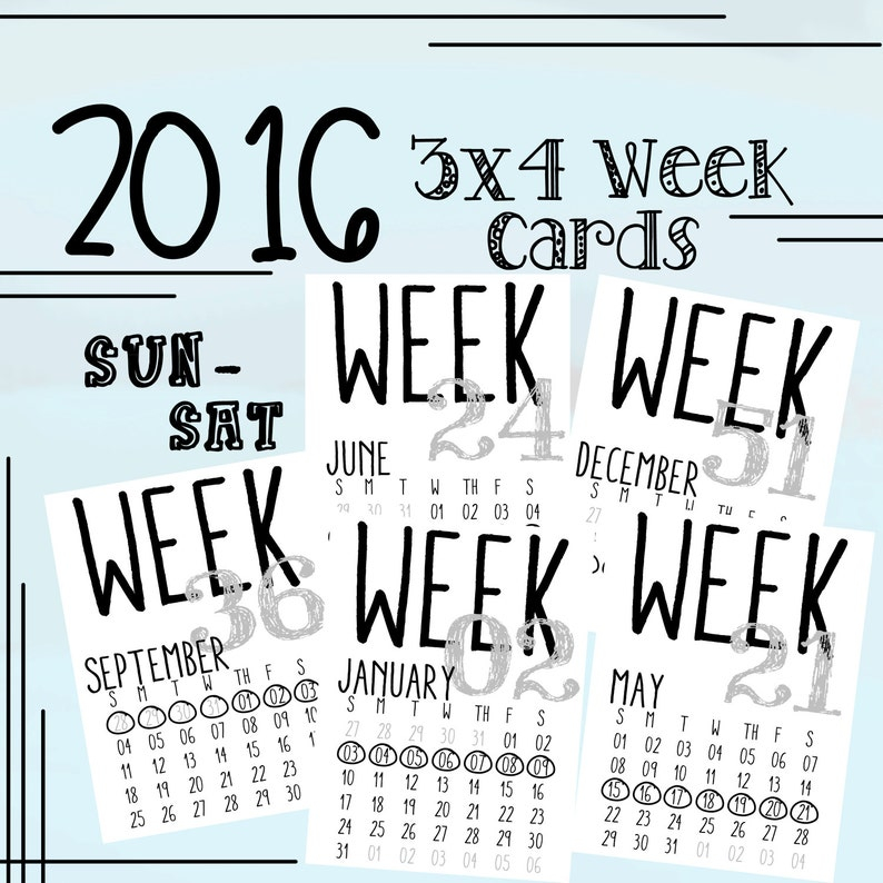 Printable 2016 Numbered Week Cards With Monthly Calendar Etsy - Calendar 2016 Weeks Numbered