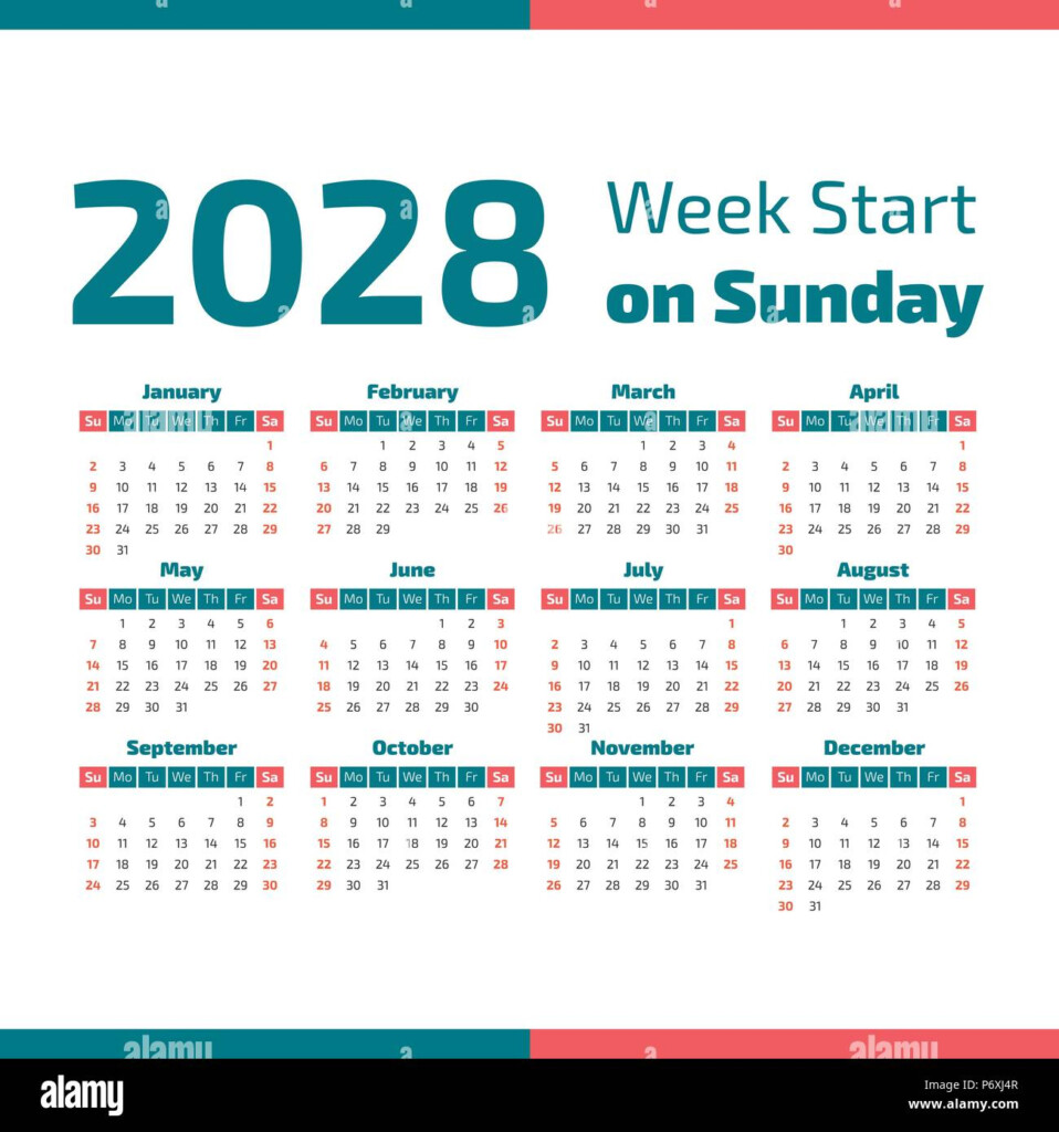 Simple 2028 Year Calendar Week Starts On Sunday Stock Vector Image  - 2028 Calendar With Week Numbers